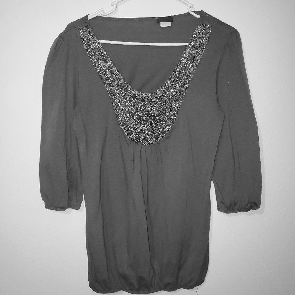 Dressy Grey Shirt with Beaded Shimmer